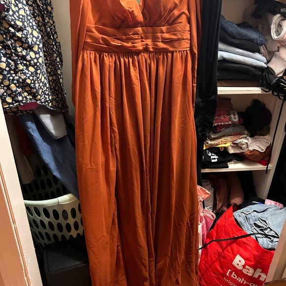 Burnt Orange Long Sleeve V Neck Formal Dress with Leg Slit - Picture 8 of 10